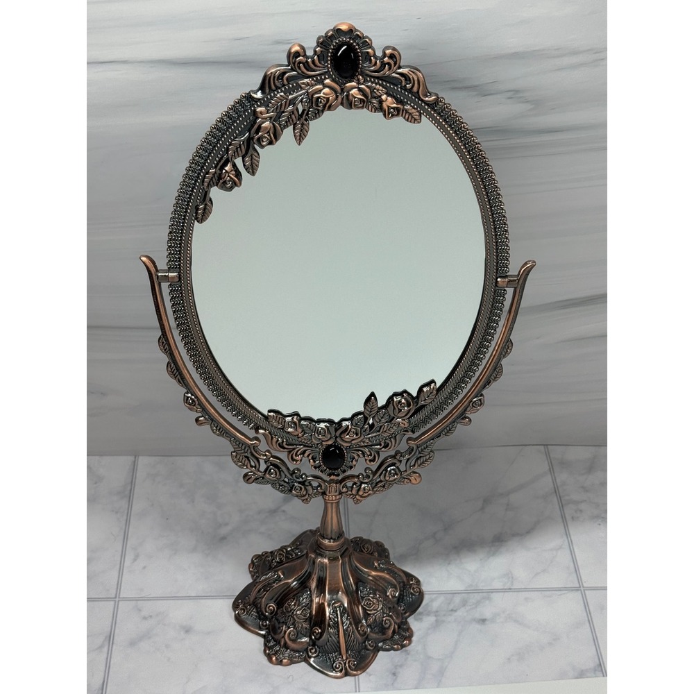 Vintage Style Copper Tone Oval Tabletop Vanity Mirror Ornate Floral Rose Swivel